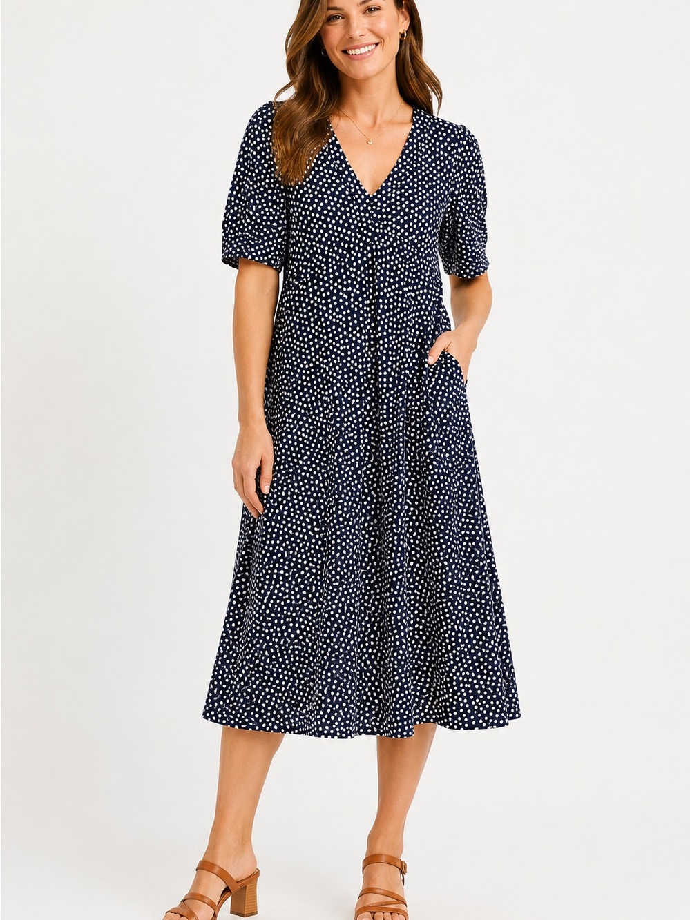 Boden Eva Jersey Navy White Polka Dot V-Neck Midi Dress Sz 12R